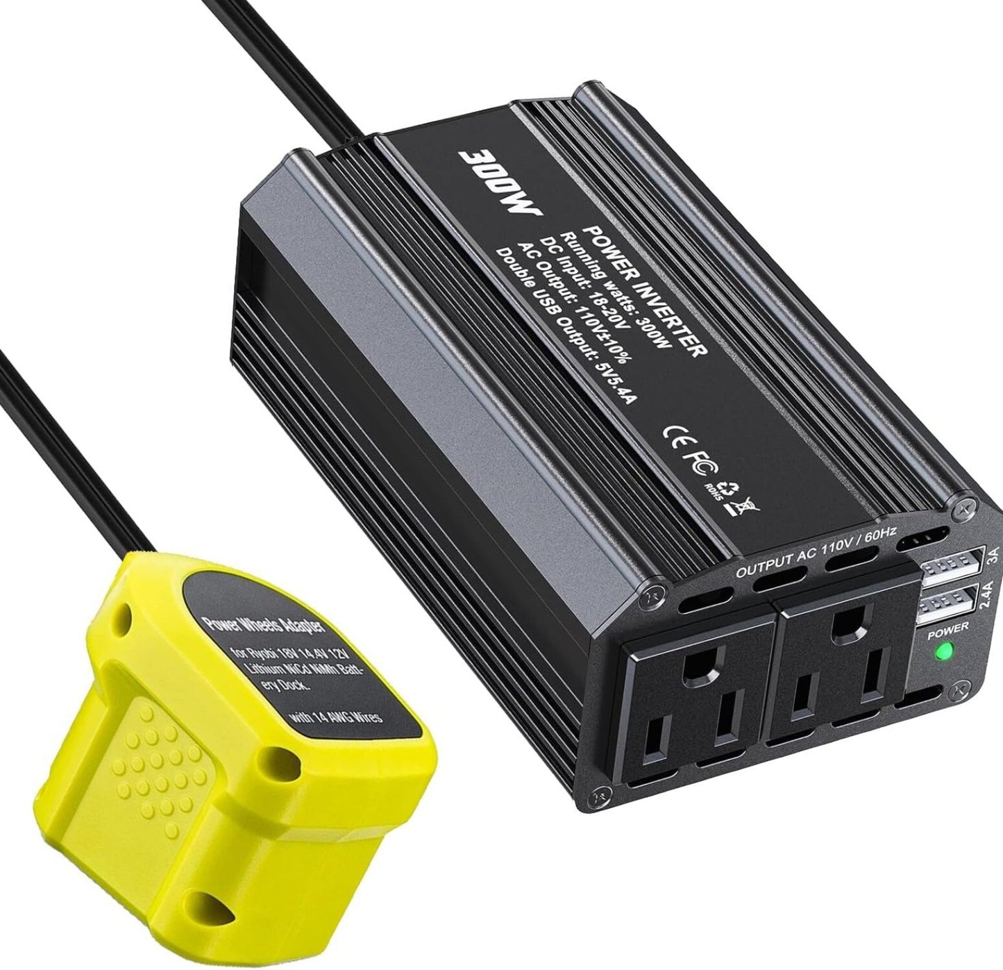 300W Power Inverter for Ryobi DC 18V to AC 110V 120V Portable Power Station with 2 AC Outlet & 2 USB Ports for Car, Vehicles, Laptop, Computer, Phone, String Light, Fan