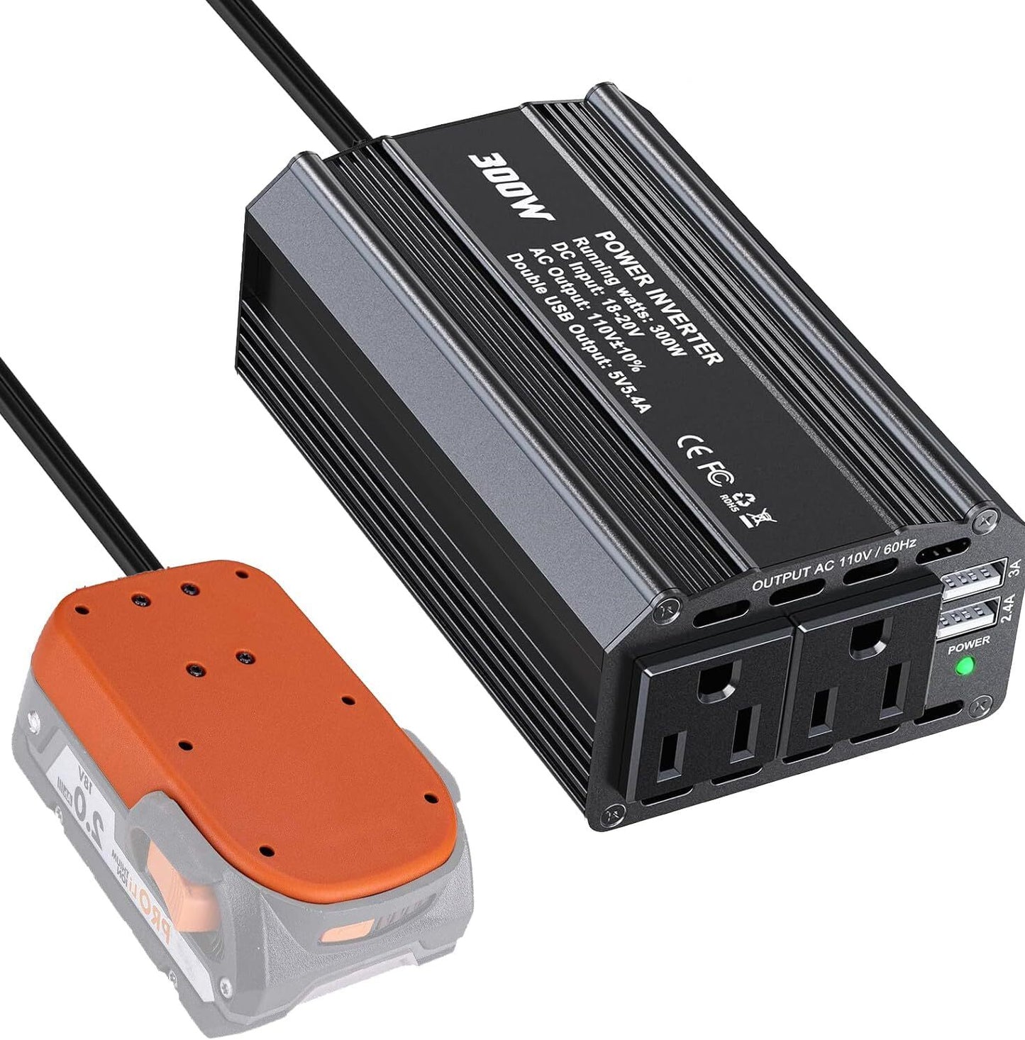 300W Power Inverter for Ridgid DC 18V to AC 110V 120V Portable Power Station with 2 AC Outlet & 2 USB Ports for Car, Vehicles, Laptop, Computer, Phone, String Light, Fan