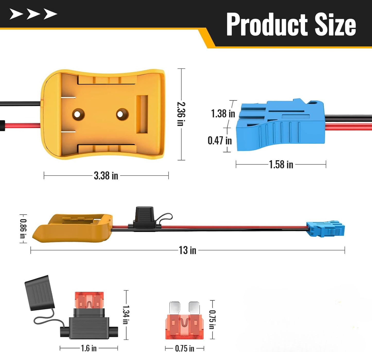 For Power Wheels Adapter for Dewalt 20V Battery Converter Kit with Fuse and Wire Harness Connector 12AWG Wire for DIY Rc Toys and Ride On Truck