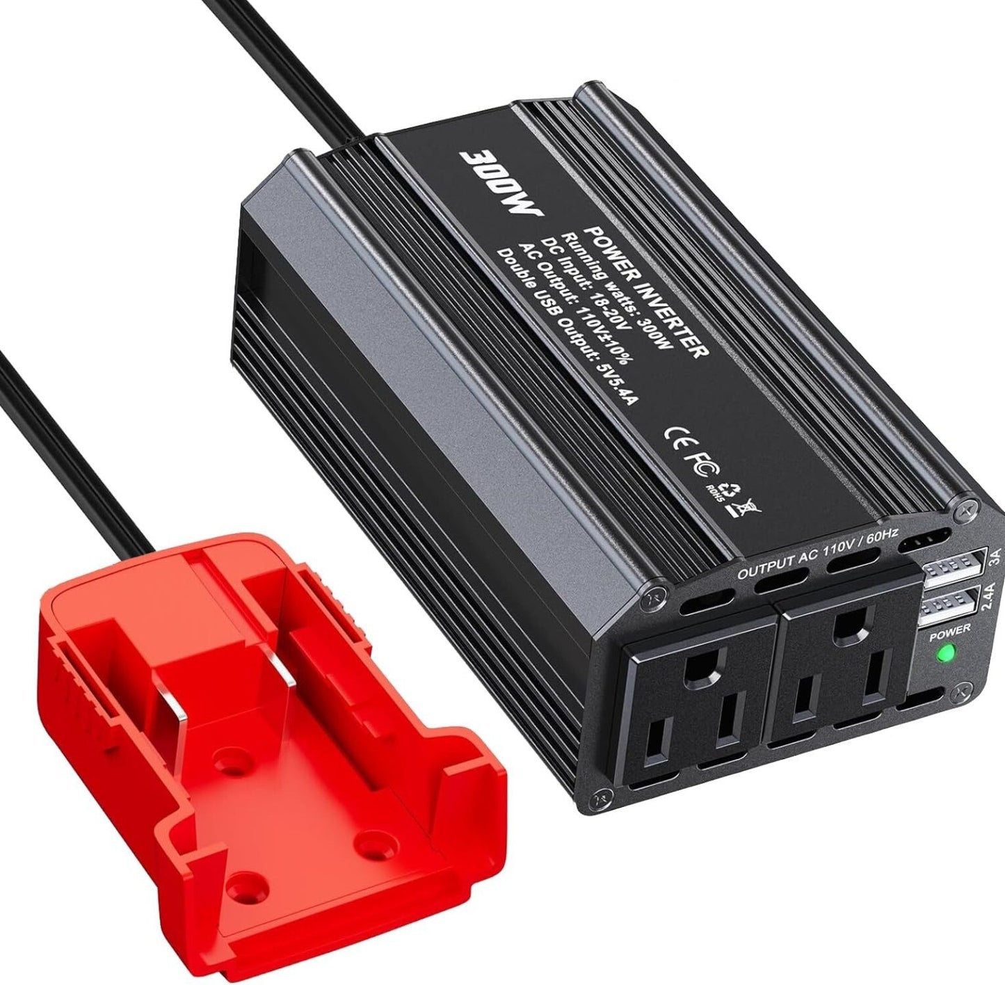 300W Power Inverter for Milwaukee DC 18V to AC 110V 120V Portable Power Station with 2 AC Outlet & 2 USB Ports for Car, Vehicles, Laptop, Computer, Phone, String Light, Fan