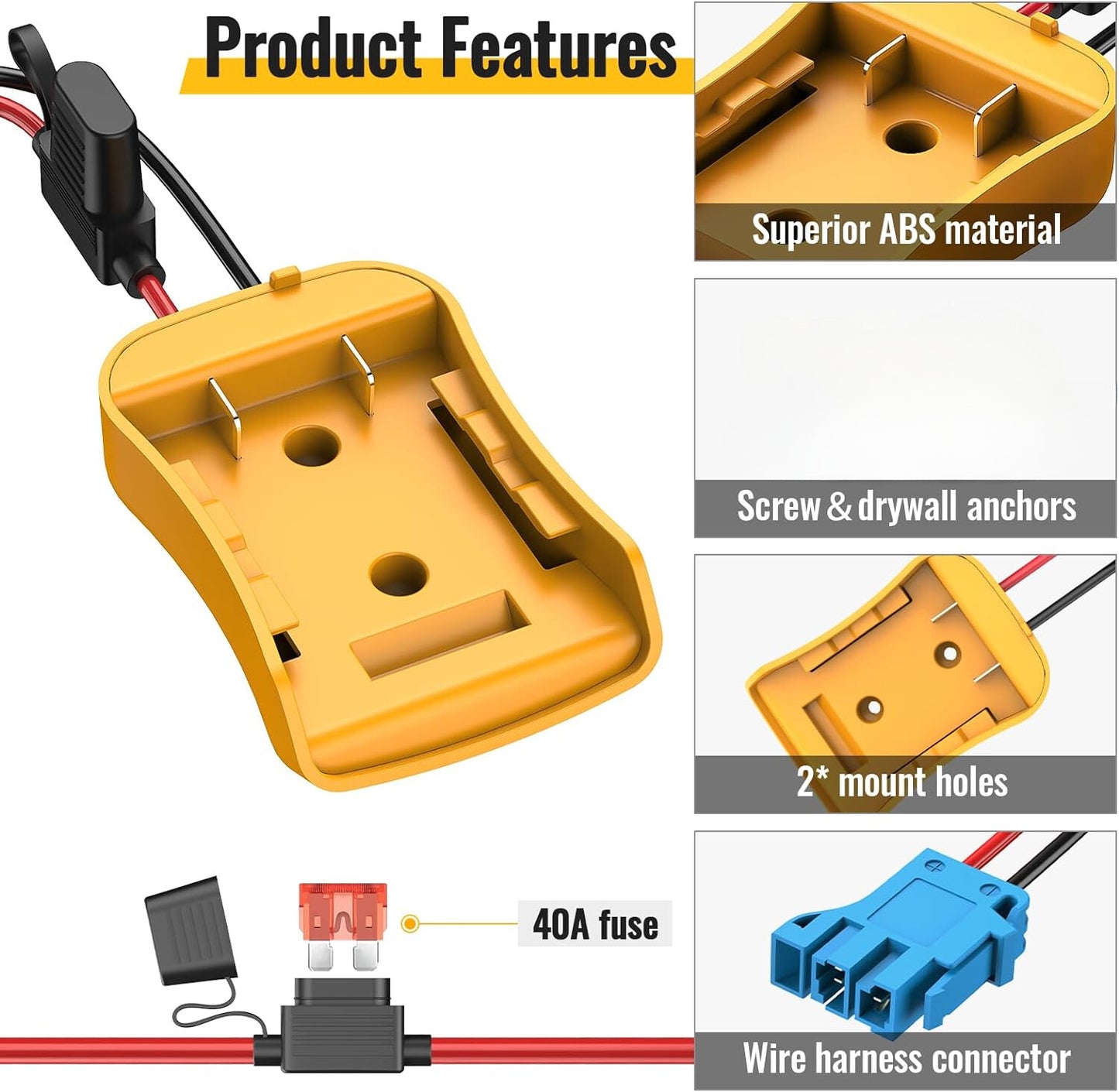 For Power Wheels Adapter for Dewalt 20V Battery Converter Kit with Fuse and Wire Harness Connector 12AWG Wire for DIY Rc Toys and Ride On Truck