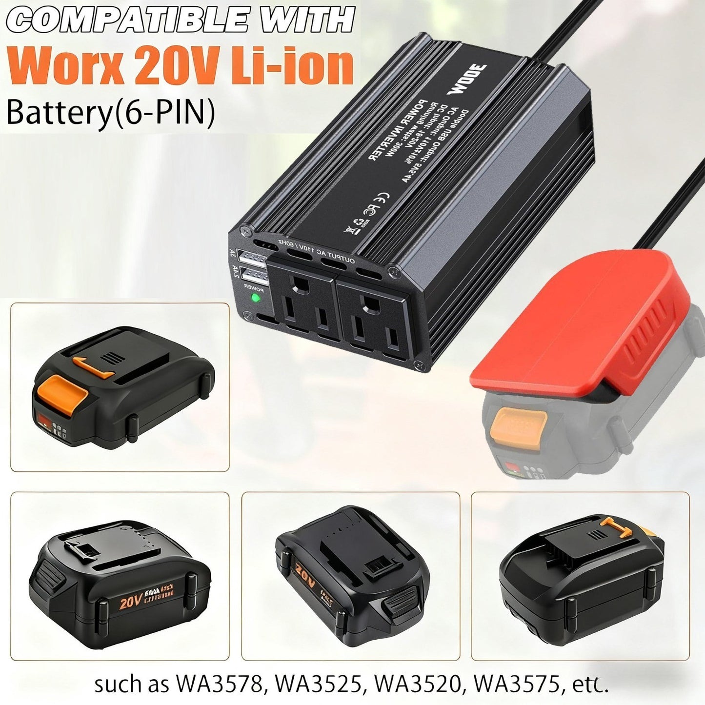 300W Power Inverter for Worx 6PIN Li-ion Battery DC 20V to AC 120V Power Station with 2 AC Outlet & 2 USB Ports for Car, Vehicles, Laptop, Computer, Phone, String Light, Fan