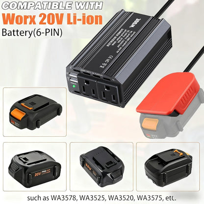 300W Power Inverter for Worx 6PIN Li-ion Battery DC 20V to AC 120V Power Station with 2 AC Outlet & 2 USB Ports for Car, Vehicles, Laptop, Computer, Phone, String Light, Fan