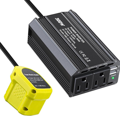 300W Power Inverter for Ryobi DC 18V to AC 110V 120V Portable Power Station with 2 AC Outlet & 2 USB Ports for Car, Vehicles, Laptop, Computer, Phone, String Light, Fan