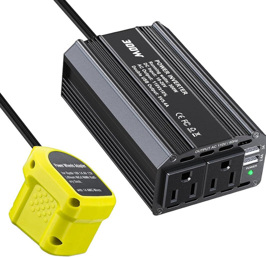 300W Power Inverter for Ryobi DC 18V to AC 110V 120V Portable Power Station with 2 AC Outlet & 2 USB Ports for Car, Vehicles, Laptop, Computer, Phone, String Light, Fan