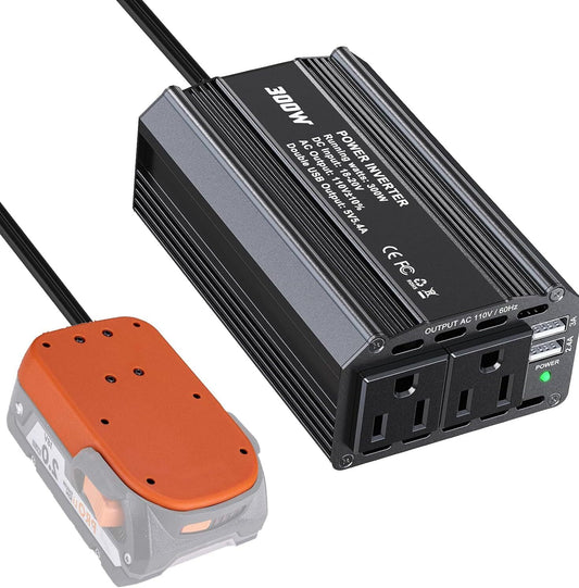 300W Power Inverter for Ridgid DC 18V to AC 110V 120V Portable Power Station with 2 AC Outlet & 2 USB Ports for Car, Vehicles, Laptop, Computer, Phone, String Light, Fan