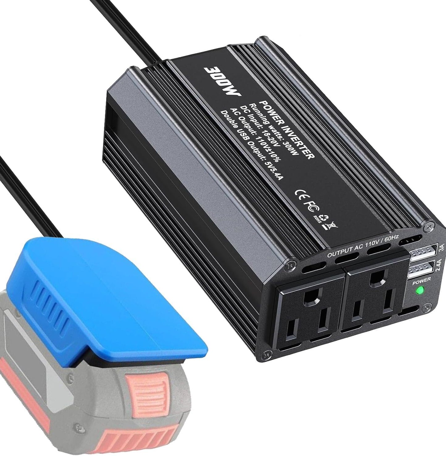 300W Power Inverter for Bosch 18V GBA Battery DC 18V to AC 120V Portable Power Station with 2 AC Outlet & 2 USB Ports for Car, Vehicles, Laptop, Computer, Phone, String Light, Fan
