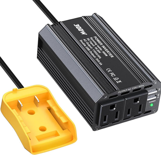300W Power Inverter for Dewalt DC 20V to AC 110V 120V Portable Power Station with 2 AC Outlet & 2 USB Ports for Car, Vehicles, Laptop, Computer, Phone, String Light, Fan