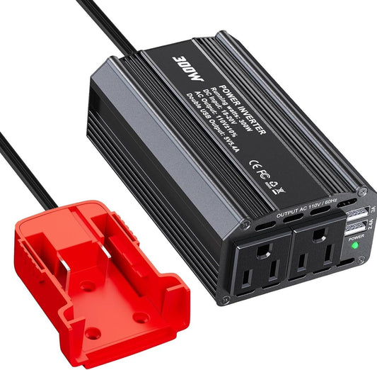 300W Power Inverter for Milwaukee DC 18V to AC 110V 120V Portable Power Station with 2 AC Outlet & 2 USB Ports for Car, Vehicles, Laptop, Computer, Phone, String Light, Fan