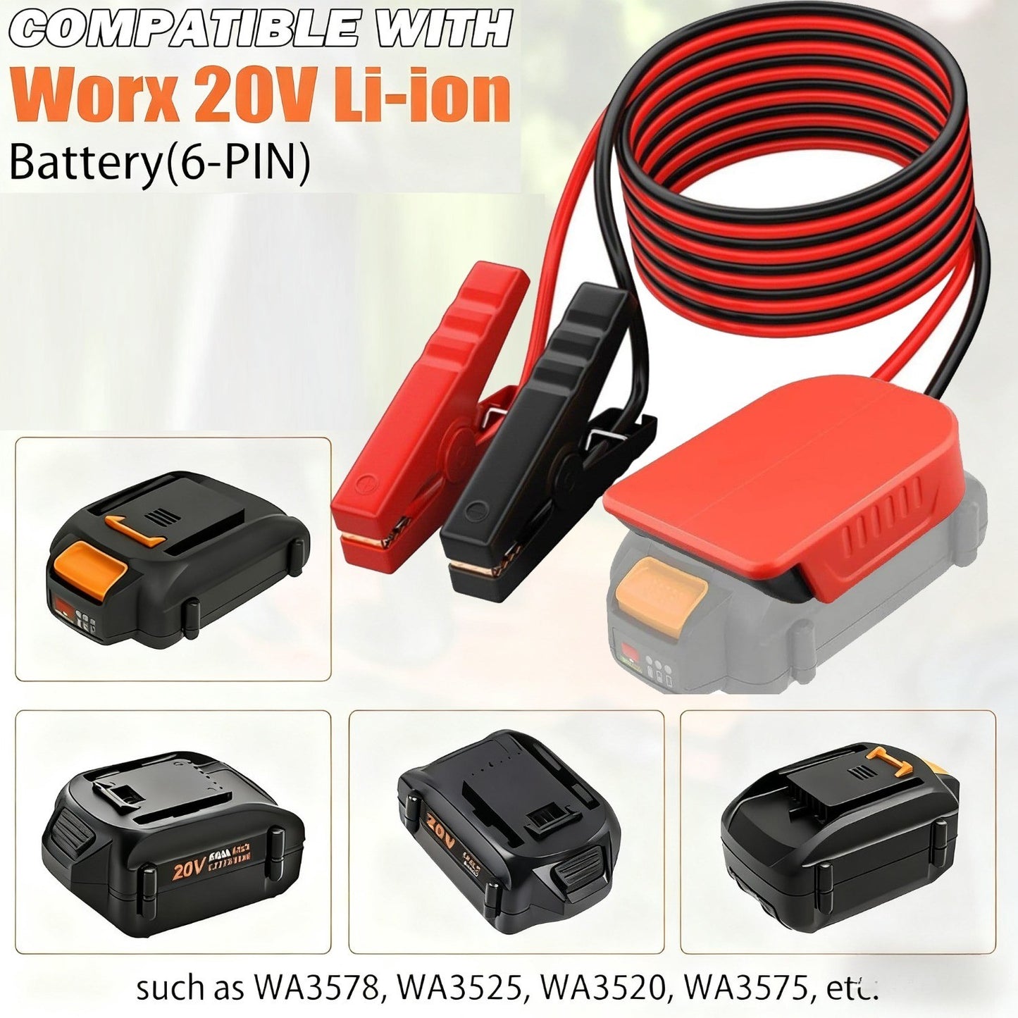 Jumper Cables with Adapter for Worx 20V 6pin Battery 6FT 12AWG Jumper Starter Automotive Booster Cables Power for Car Jump Starting Using Tool