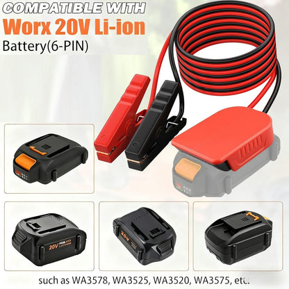 Jumper Cables with Adapter for Worx 20V 6pin Battery 6FT 12AWG Jumper Starter Automotive Booster Cables Power for Car Jump Starting Using Tool